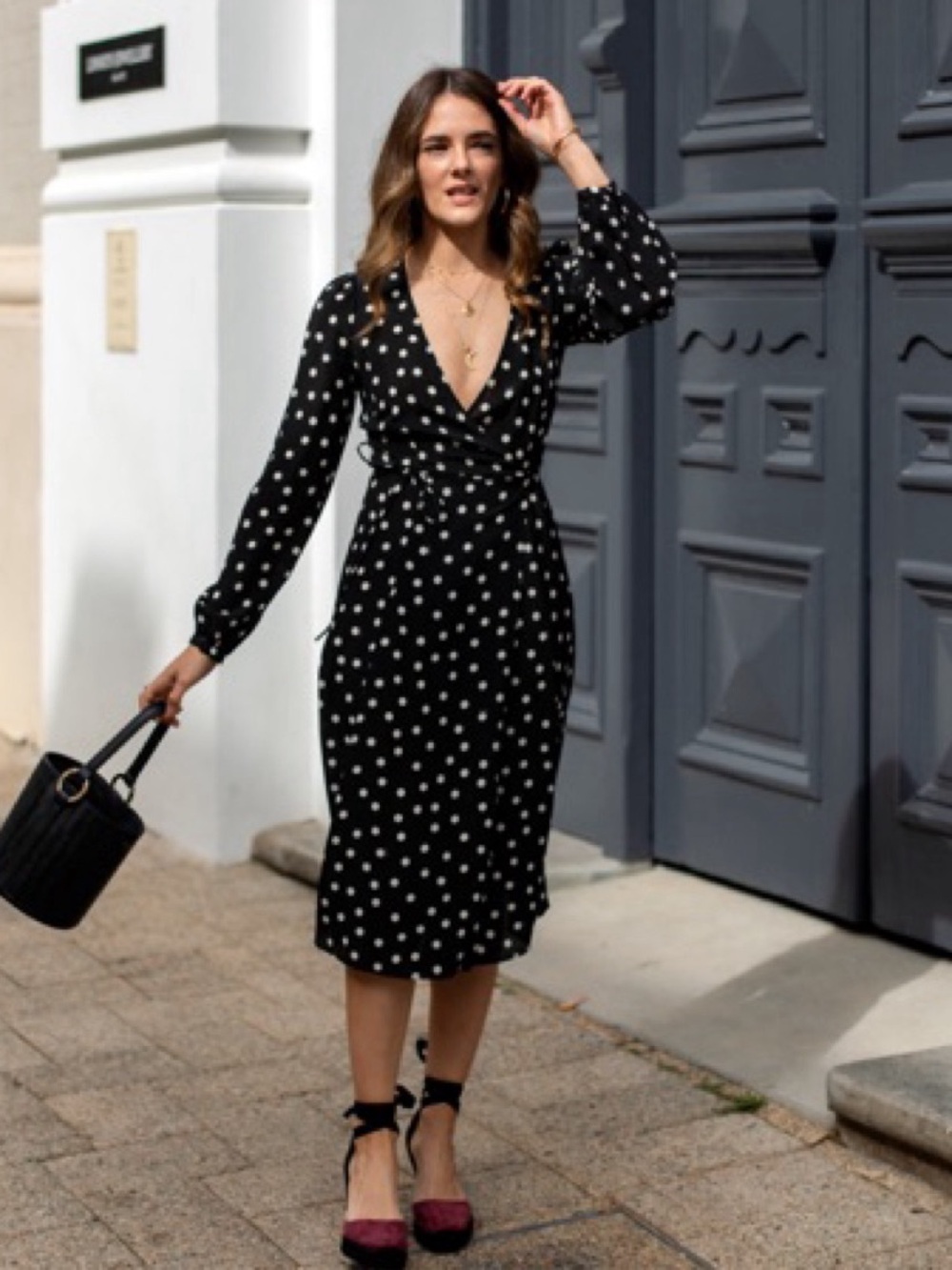 H&M Black Polka Dot Wrap Midi Dress Elegant Day-to-Night Style - Size M